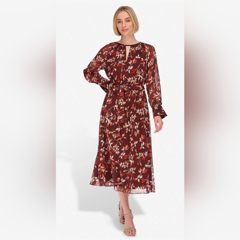 Floral Chiffon Keyhole Midi Dress